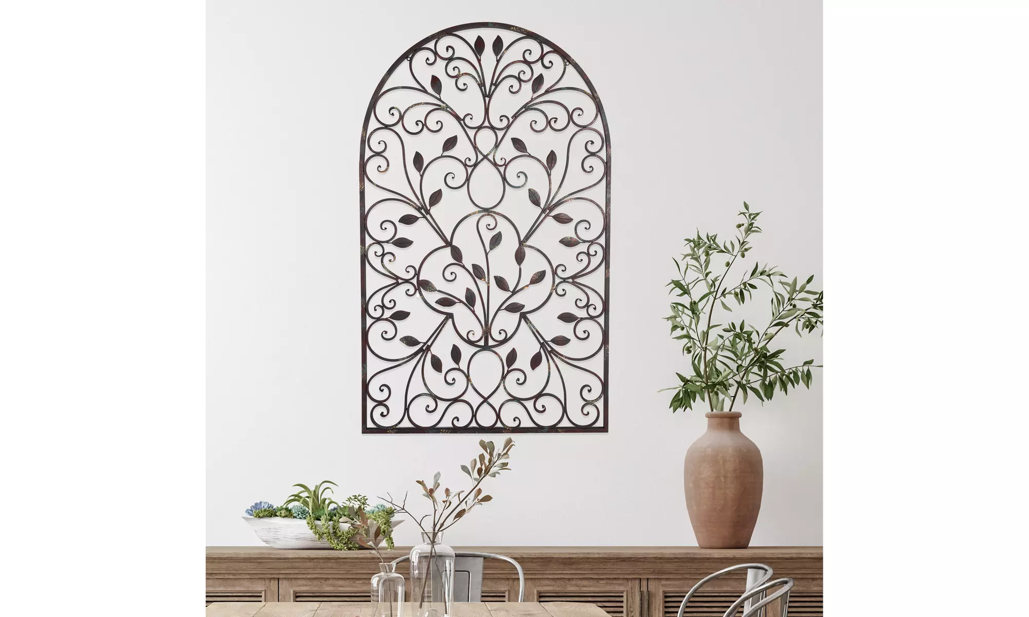 Arch Window Metal Wall Art Wrought Iron Scrollwork with Vines Leaves - Primary Image