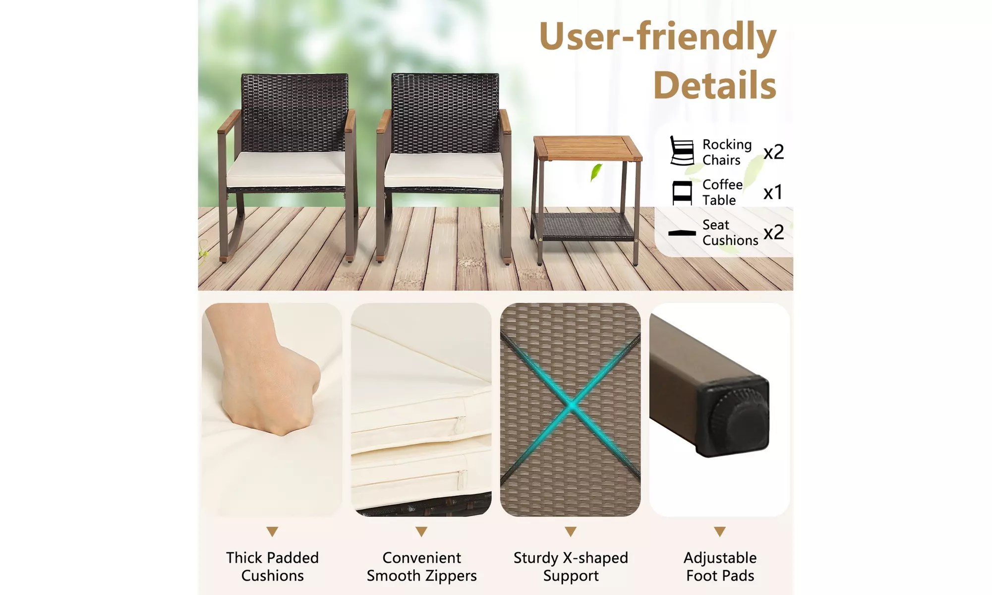 Costway 3 PCS Patio Rattan Rocking Chair Bistro Set Armrest Cushion Table