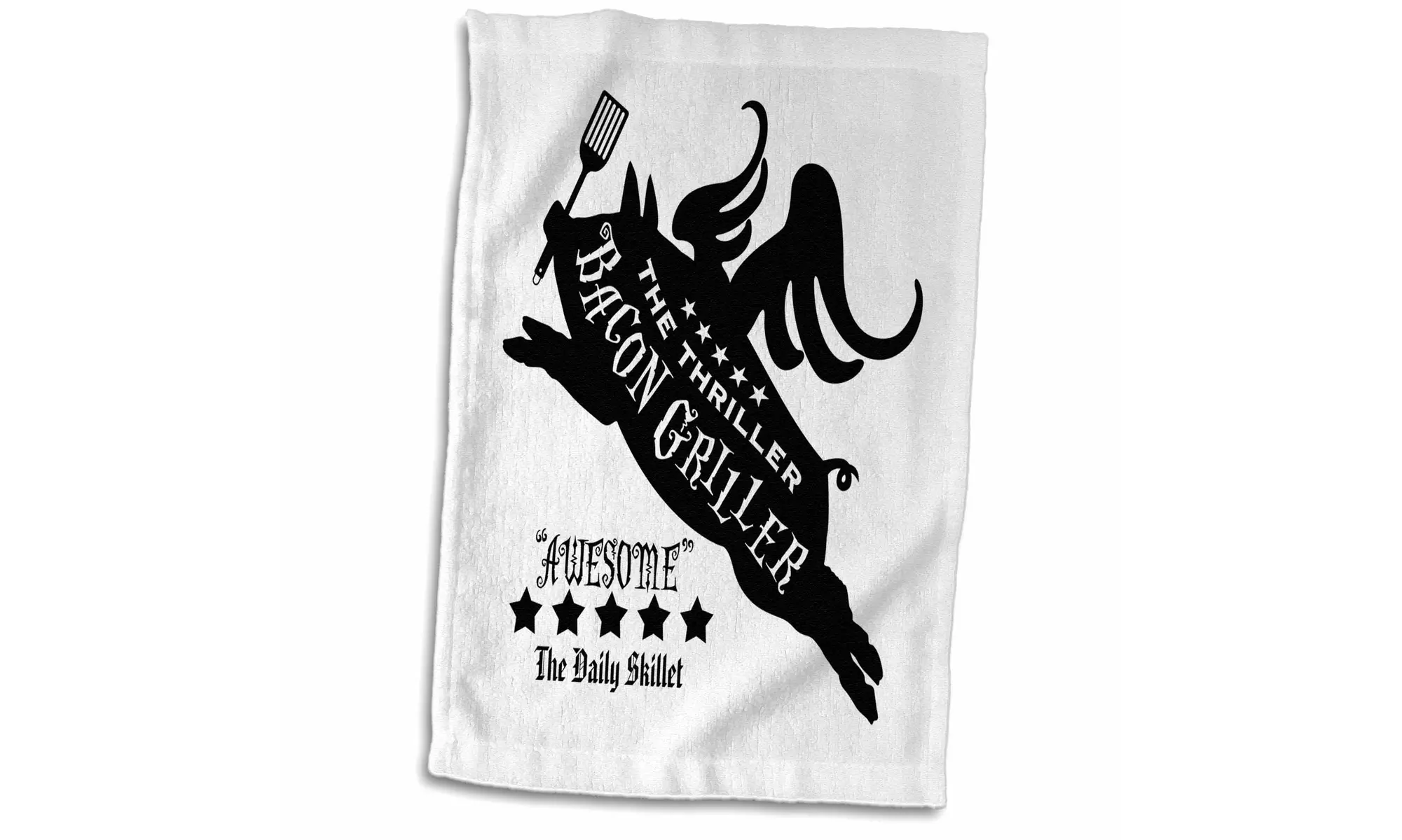  Towel - Funny Flying Pig with Skillet Bacon Griller Design in Black and White  - Primary Image