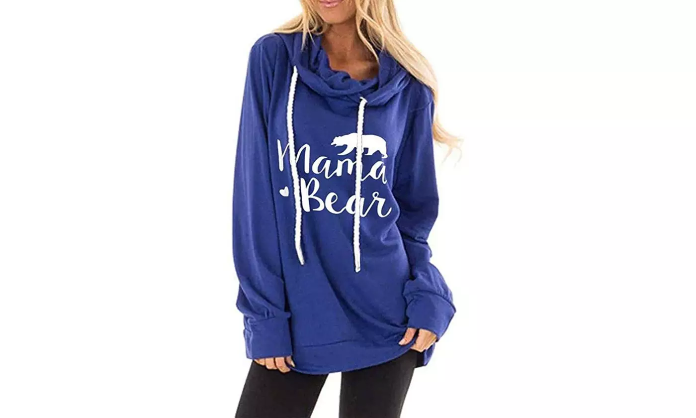 Women Autumn Street Long Sleeve Mama Bear Elbow Patch Hooded Fashion Tunic - Second Medium