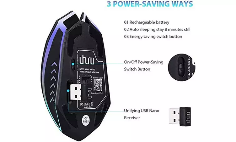 Uhuru VM-02 Wireless Gaming Rechargeable Mouse Up to 10000 DPI (Black) - New