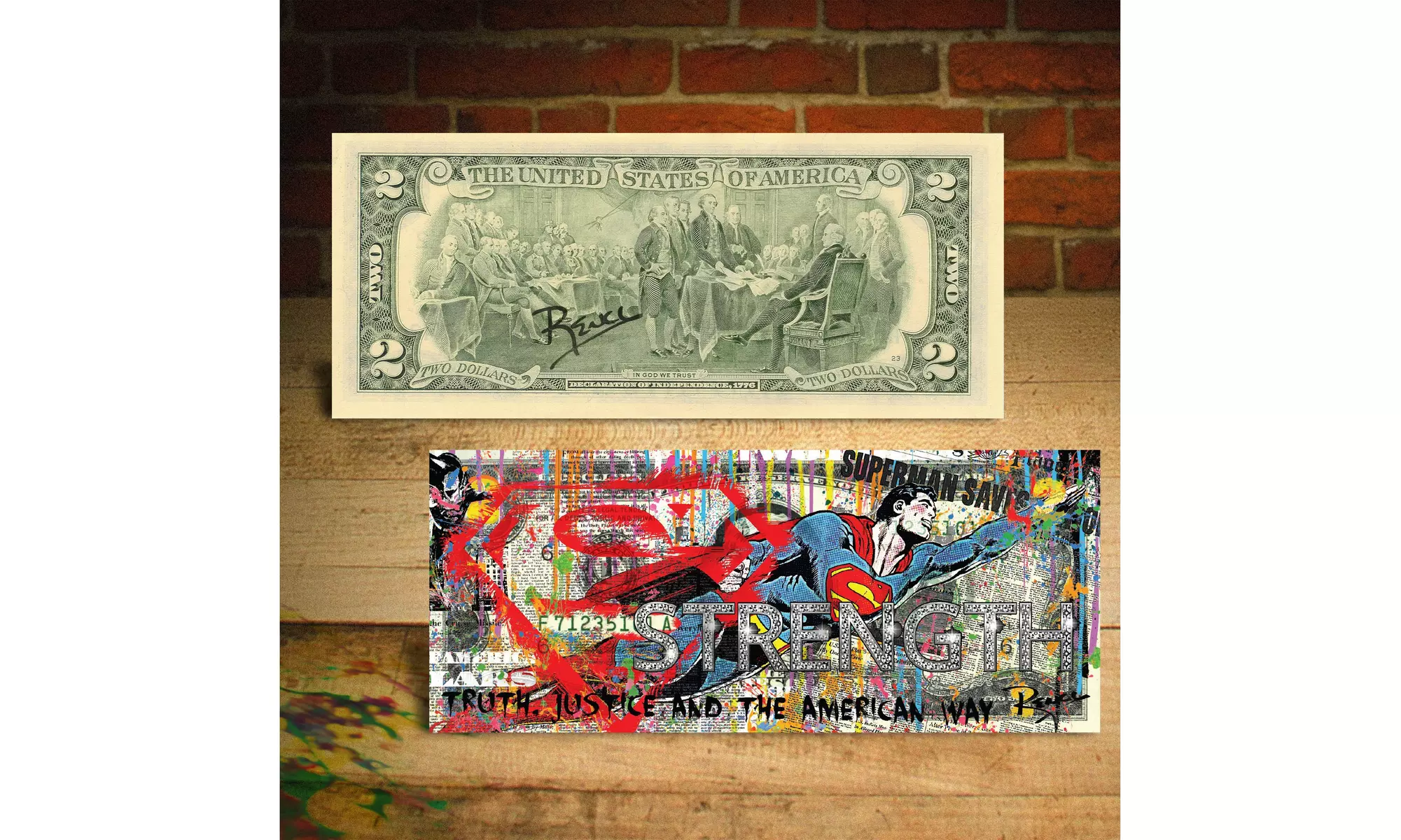 SUPERMAN Diamond Strength Pop Art Two-Dollar U.S. Bill HAND-SIGNED by Rency - Primary Image