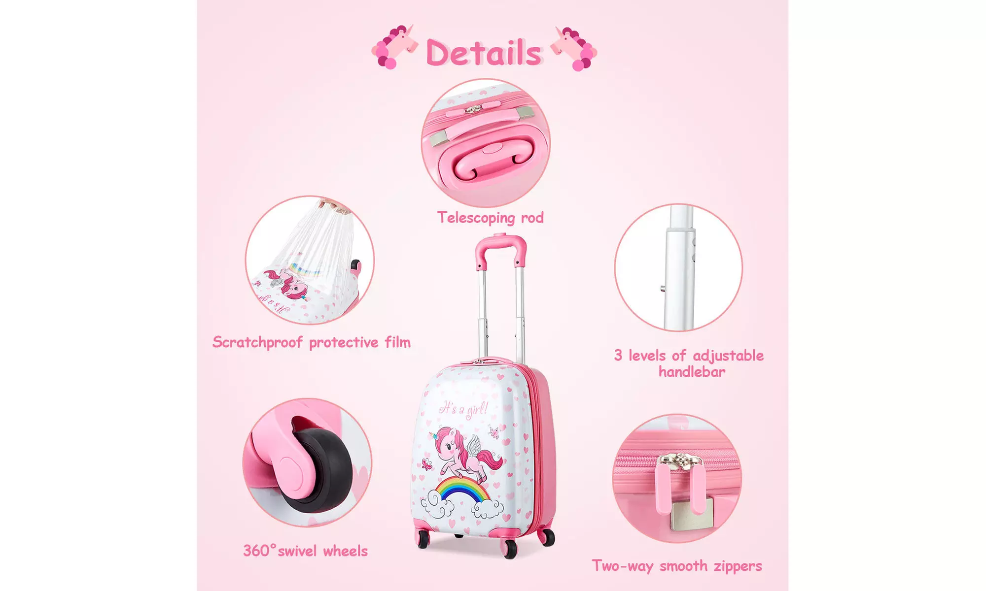 Costway 2PC Kids Luggage Set 12'' Backpack & 16'' Rolling Suitcase Horse