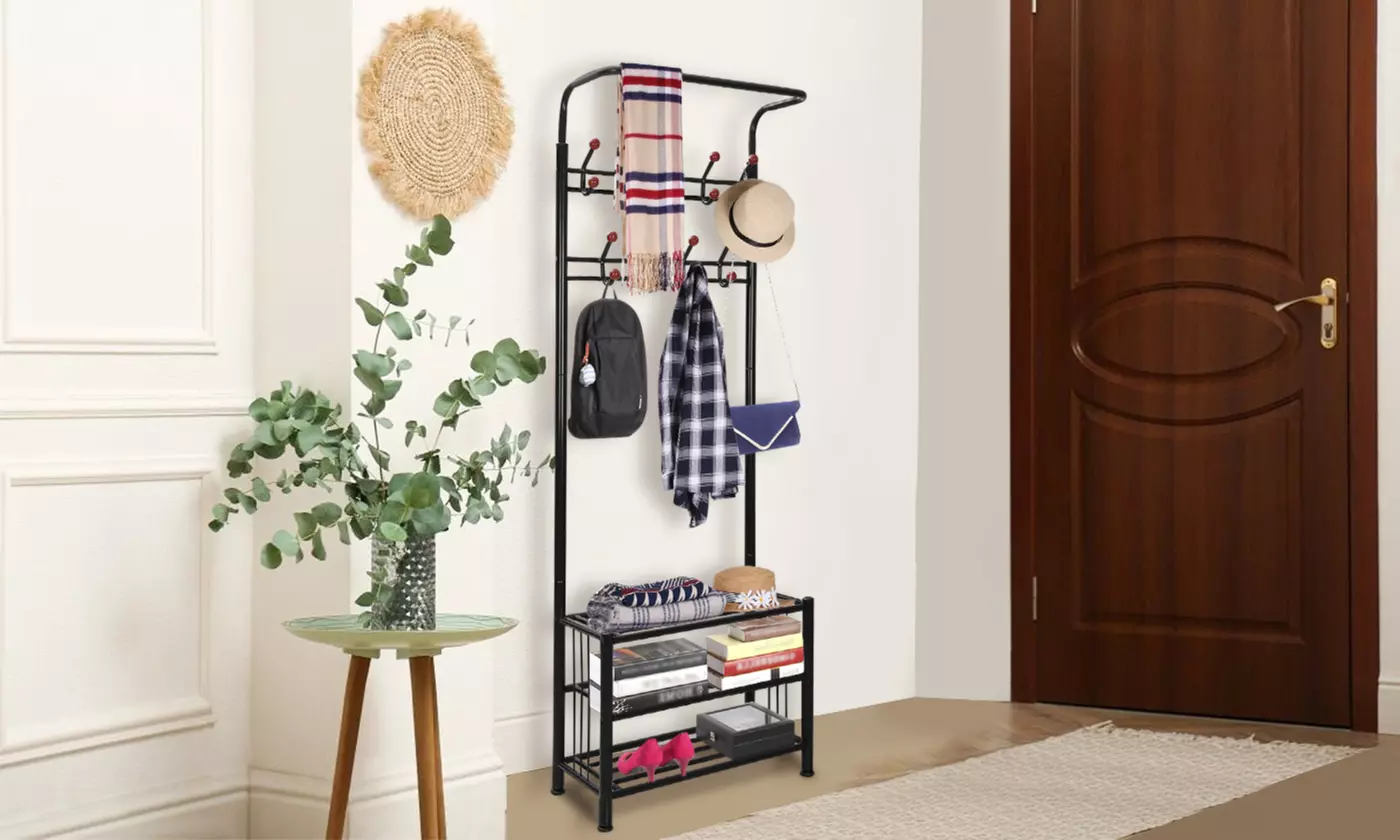 NewHome 3-Tier 18-Hook Freestanding Iron Steel Coat & Shoes Rack - Primary Image