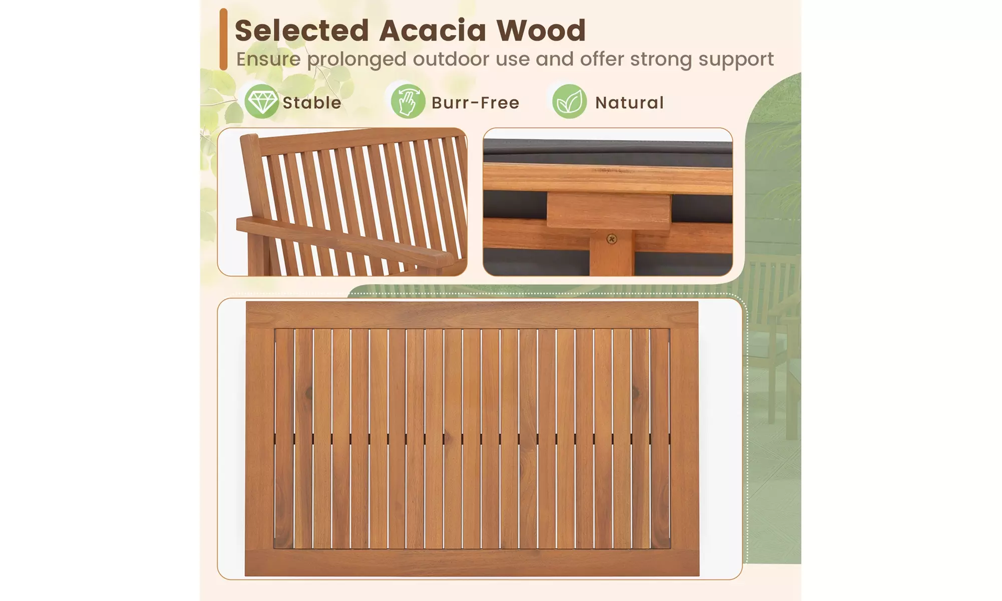 Costway 4 PCS Patio Wood Furniture Set with Loveseat, 2 Chairs & Coffee Table