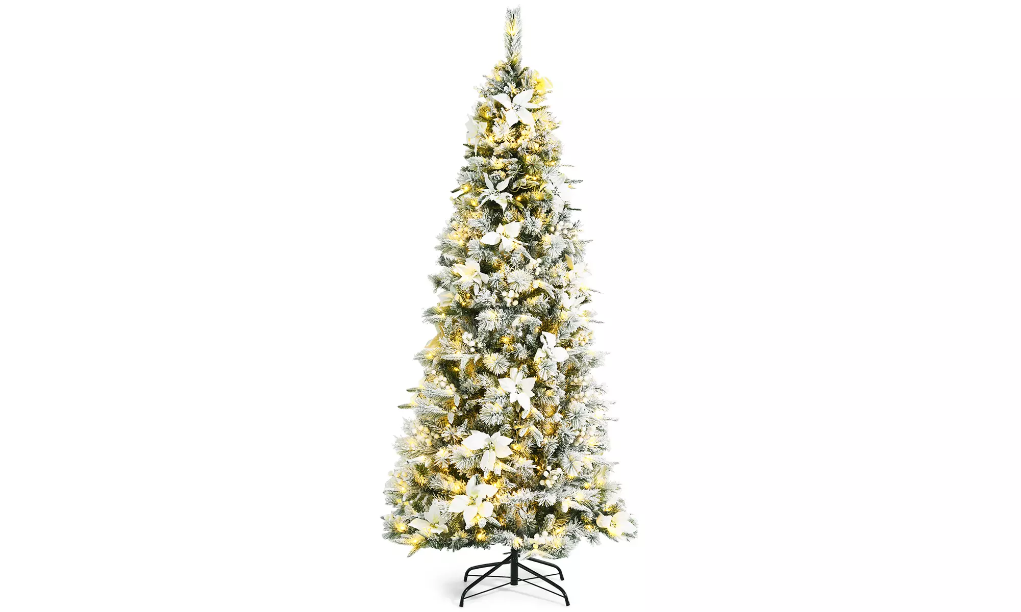 Costway 7ft Pre-lit Snow Flocked Christmas Tree w/ Berries & Poinsettia Flowers - Primary Image