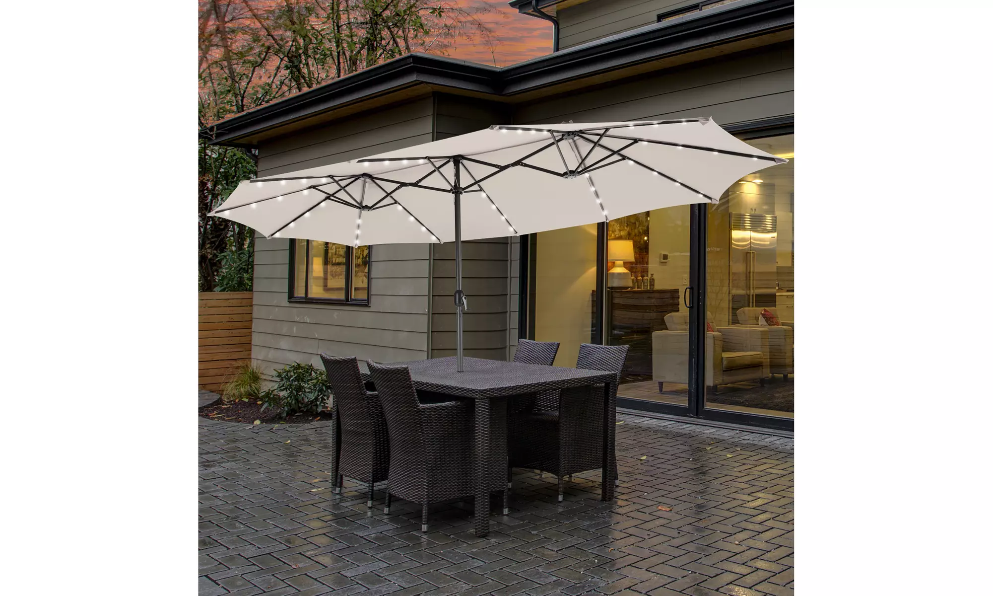 Costway 15FT Twin Patio Double-Sided Umbrella 48 Solar LED Lights Crank Outdoor