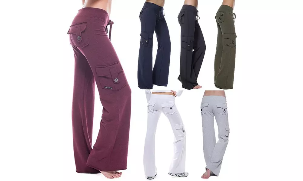 Women's Stretch Button Yoga Pants Wide Leg Sweatpants Bootleg Pants With Pockets - Primary Image