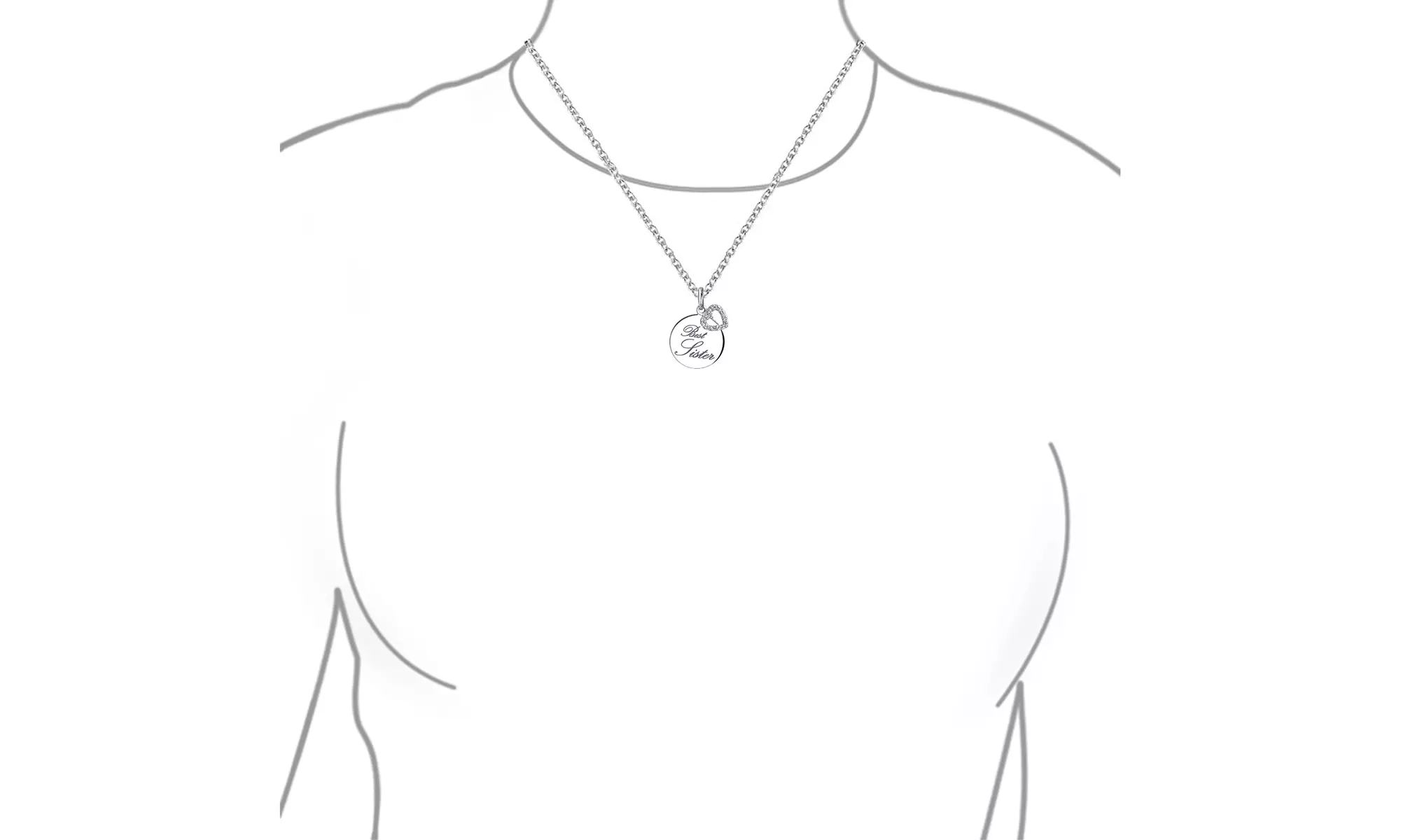 Best Sister WORD Pendant Necklace Circle Disc CZ Heart Sterling Silver - Second Medium