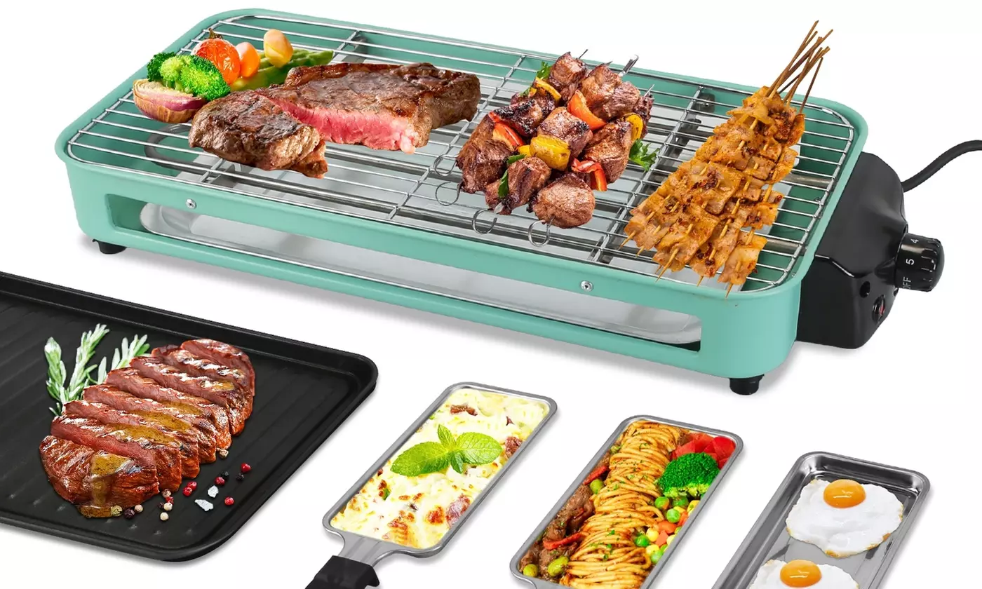 NewHome 1500W 2-In-1 Electric Indoor BBQ Grill with Grill Net and Raclette Trays