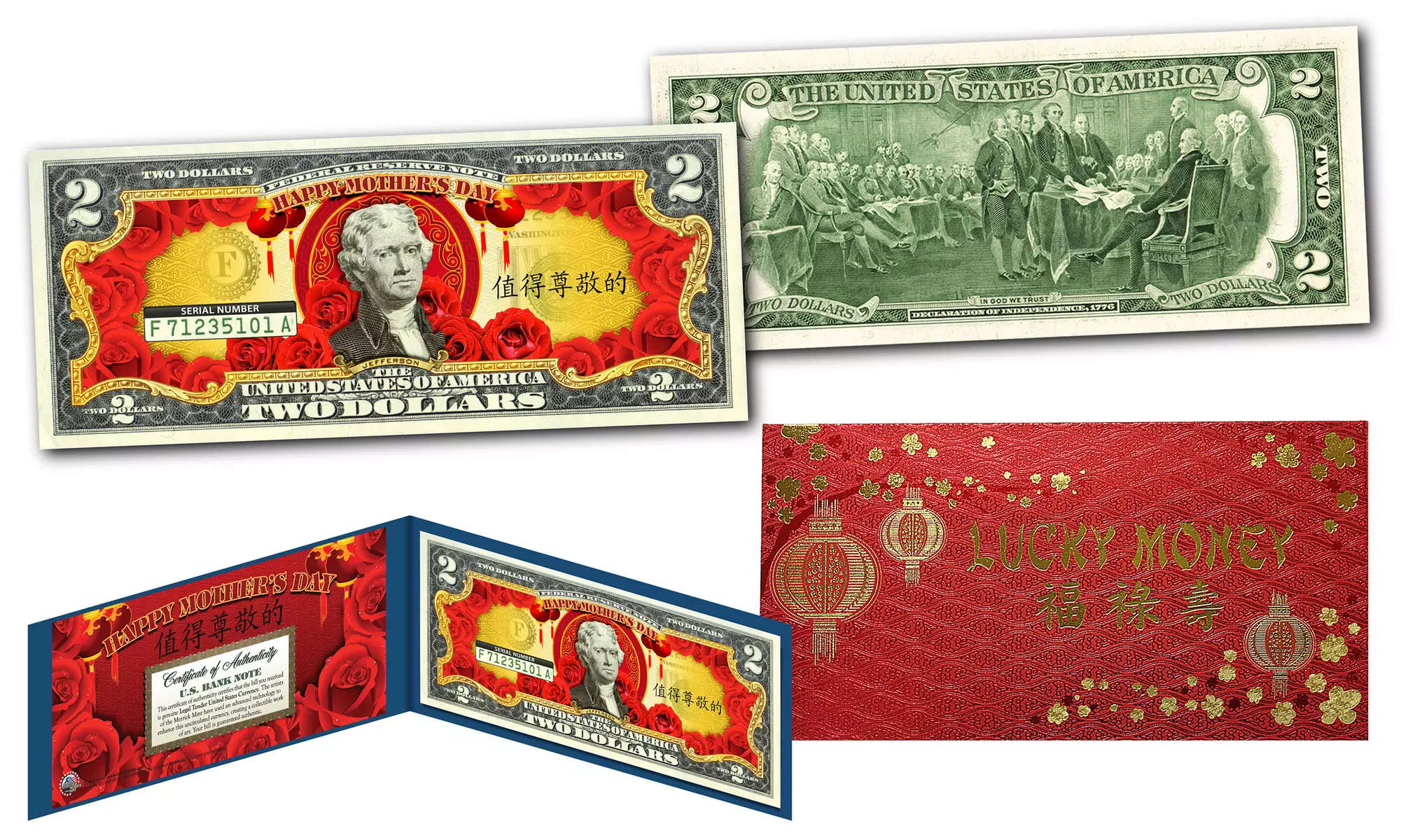 HAPPY MOTHER'S DAY Lucky Money 2-Dollar Bill Genuine Legal Tender - Asian themed