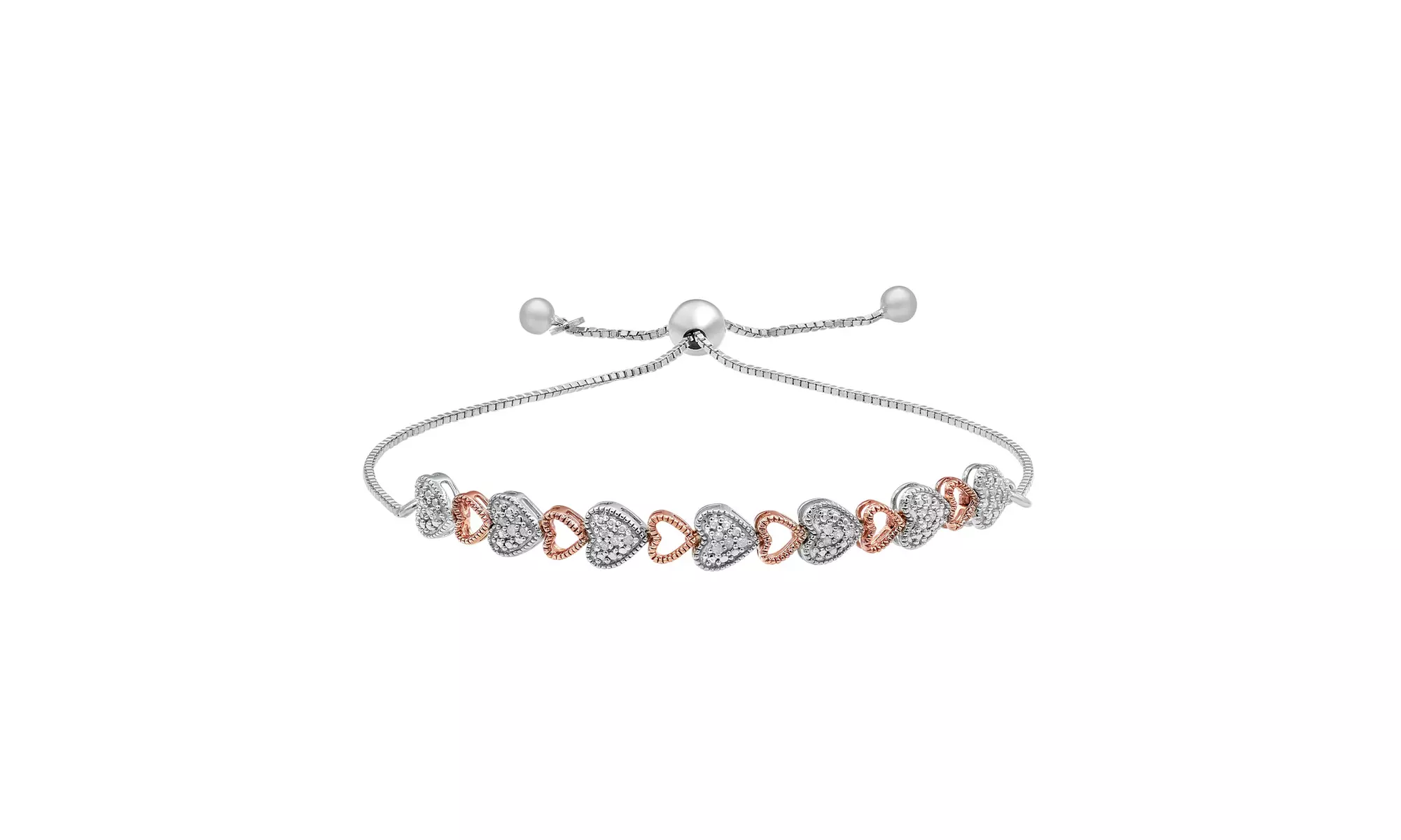 Sterling Silver Two-Tone 1/10 CT Diamond Heart Shape Bolo Bracelet for Women Mom