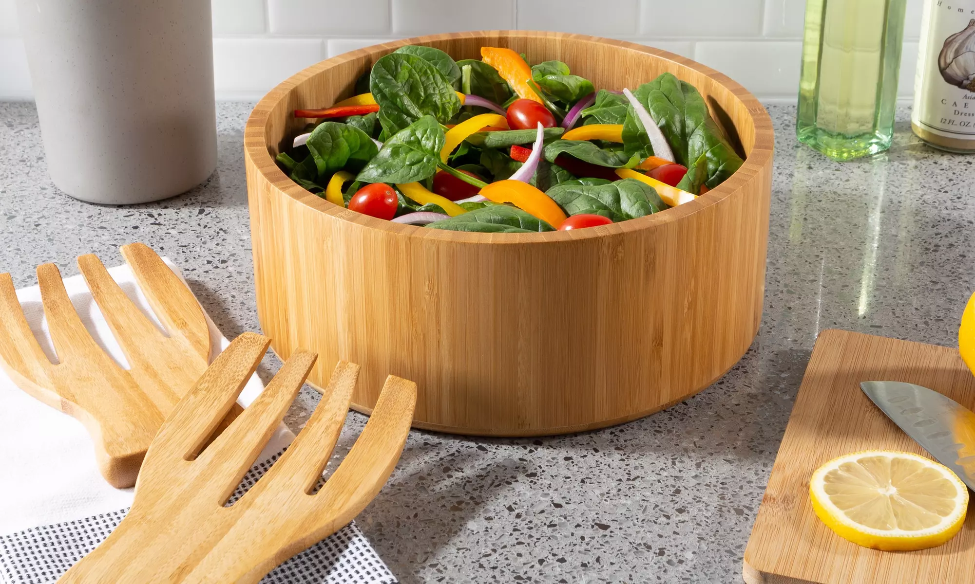 Classic Cuisine Bamboo Salad Bowl with Utensils - Primary Image