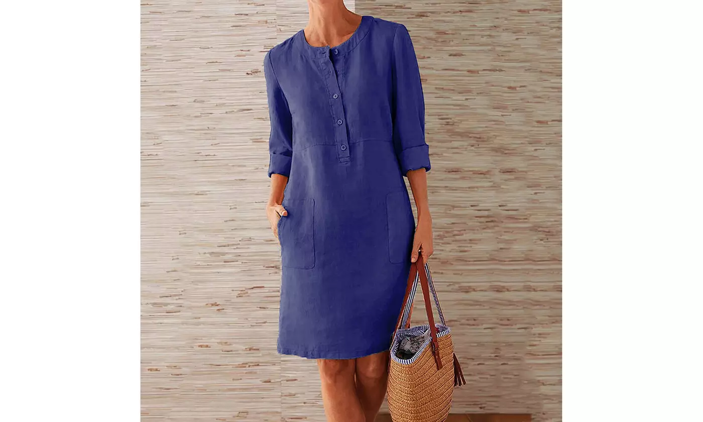 Women's Autumn Cotton and Linen Round Neck Long Sleeve Dress - Second Medium