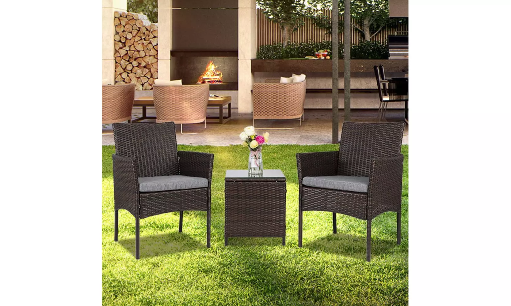Outdoor Patio Chat Set 3-Piece Wicker Chairs and Rattan Table, Brown - Primary Image