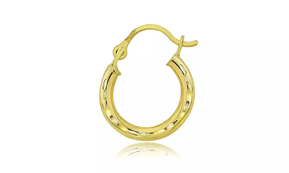 14K Gold 2mm Round Diamond-Cut Hoop Earrings, 12mm