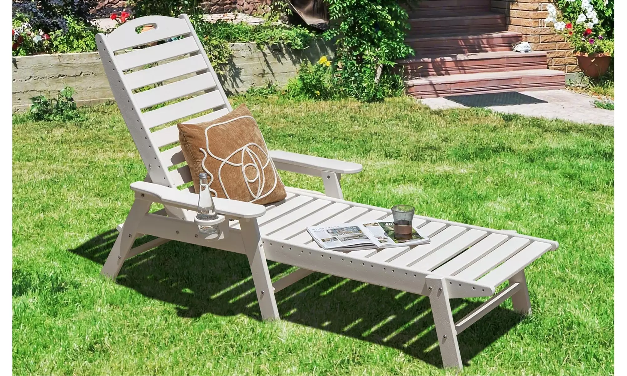 Costway Patio Lounge Chair Chaise Adjustable Back Weatherproof HDPE Cup Holder - Primary Image