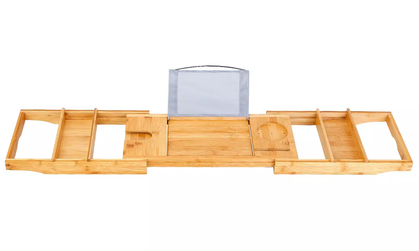 NewHome Bamboo Extendable Bathtub Caddy Tray Spa-Style Bath Shelf Table