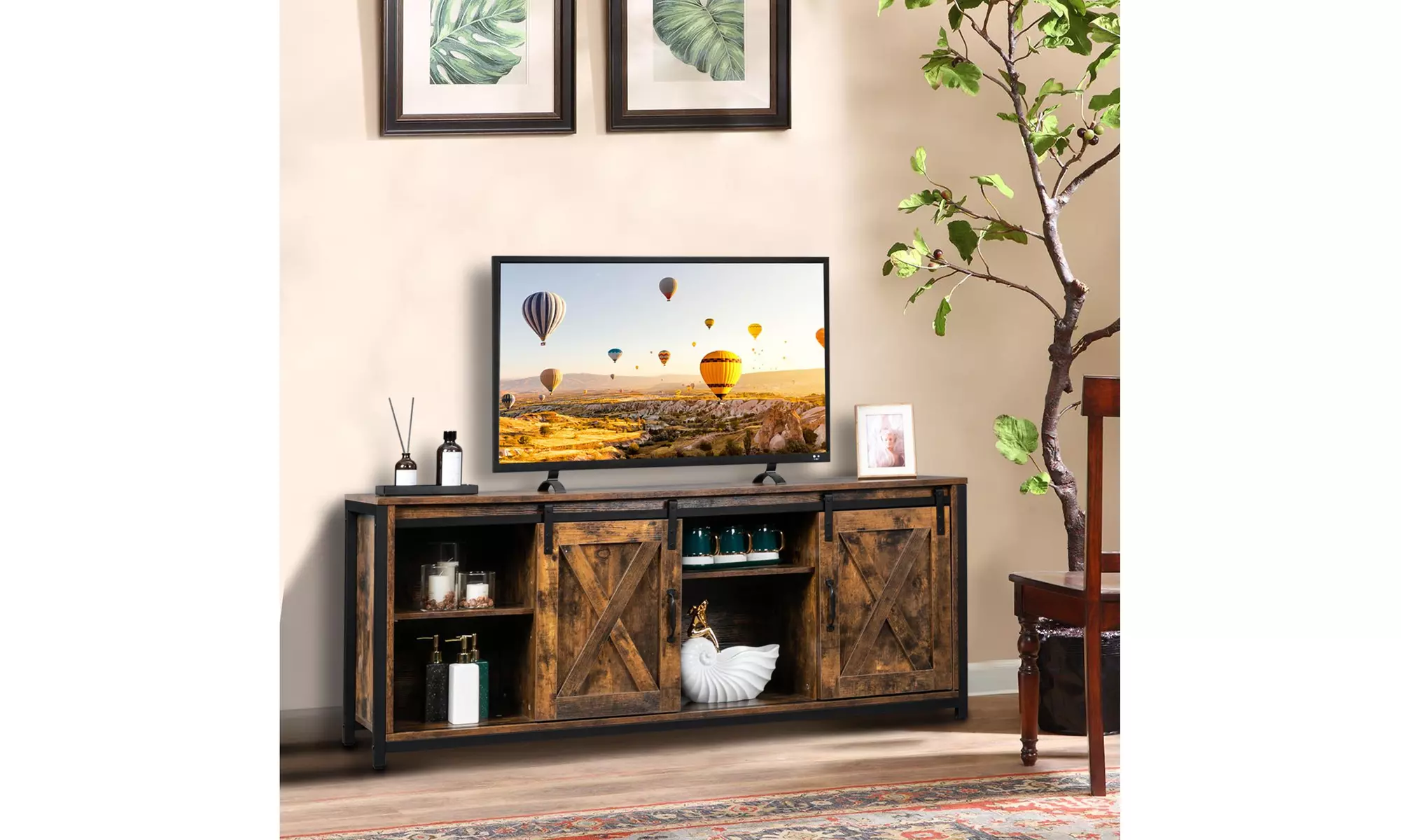 Farmhouse Wood TV Console Cabinet with Adjustable Shelves, Rustic Brown