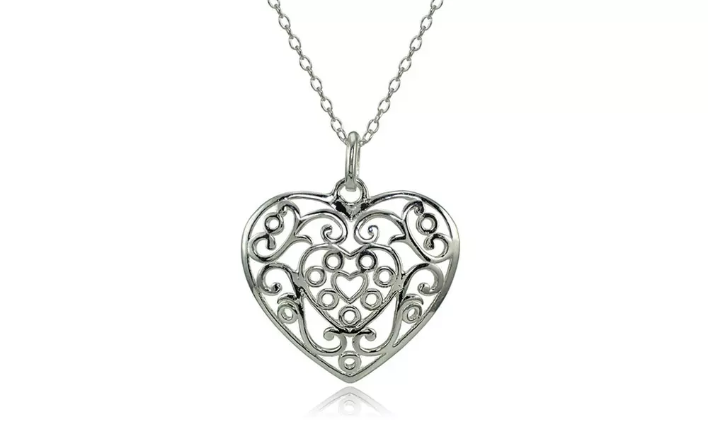 Sterling Silver High Polished Filigree Heart Necklace