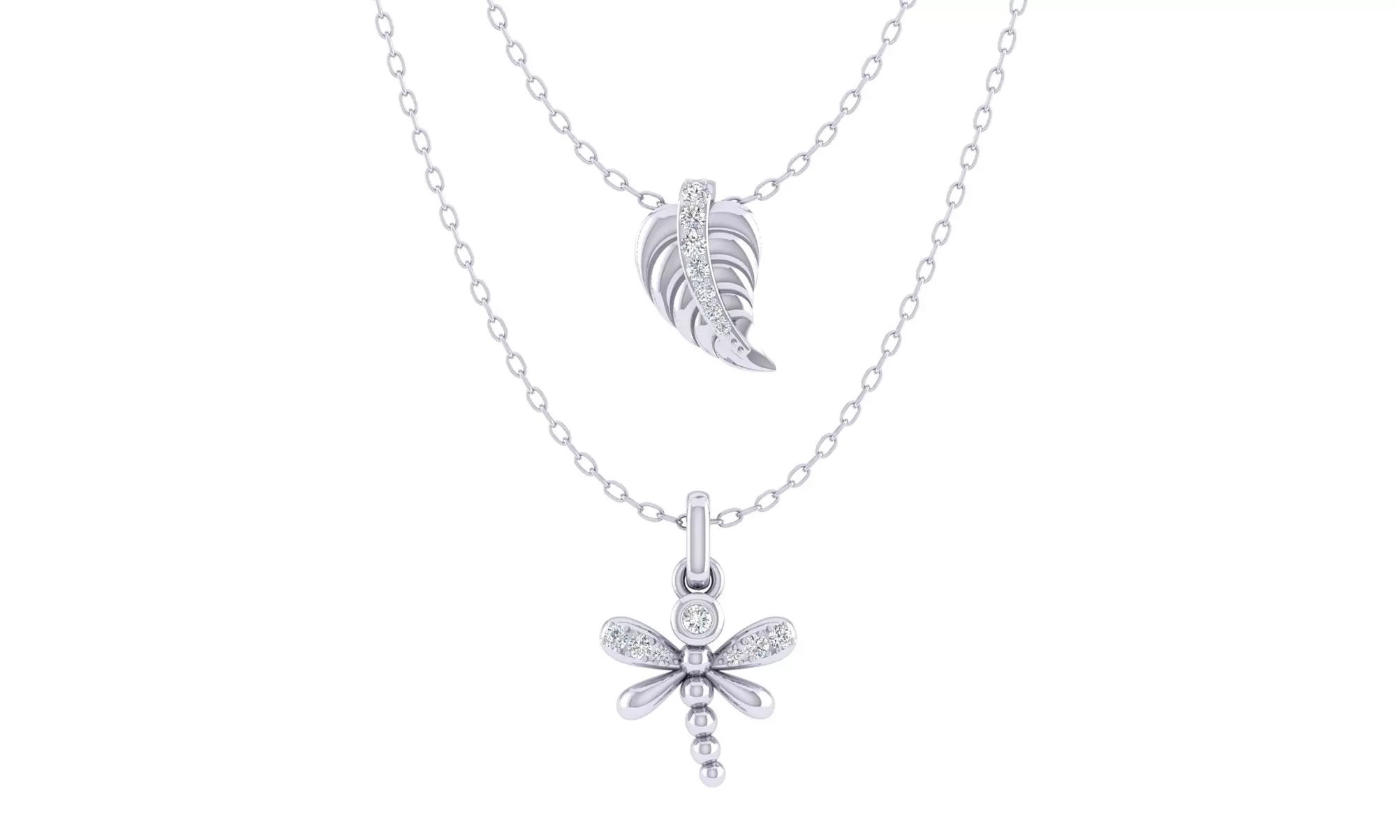 Lucky Feather & Dragonfly Layered 1/10 Ct Diamond Pendant Necklace 925 Silver