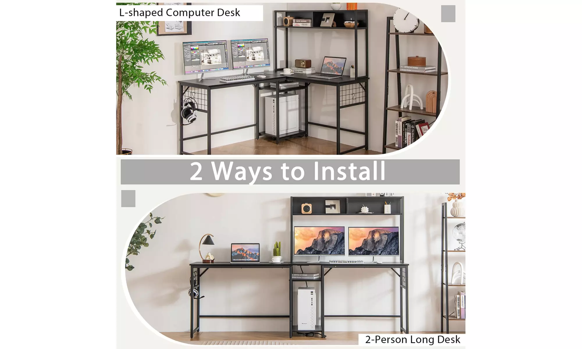 L-shaped Desk with Power Outlet Large Corner Desk Converts to 2-Person Long Desk