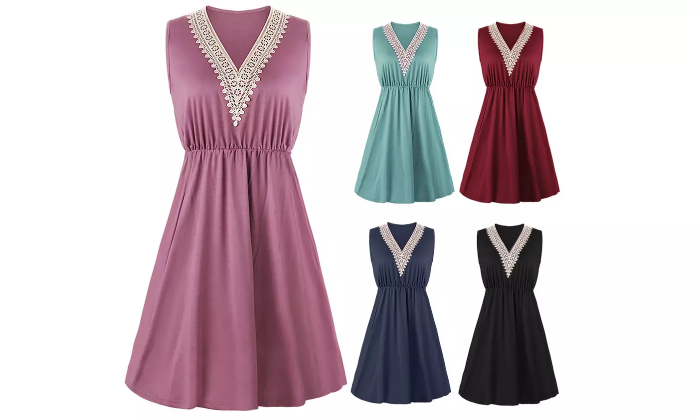 Women's Casual V-Neck Summer Dresses Sleeveless Midi Sundress with Side Pockets