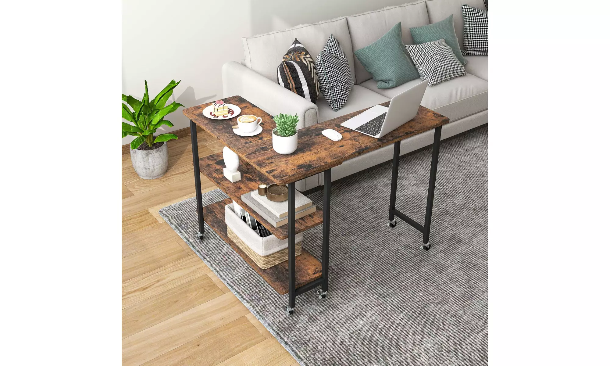 Costway 360-degree Rotating L-Shaped Sofa Side Table with Shelf