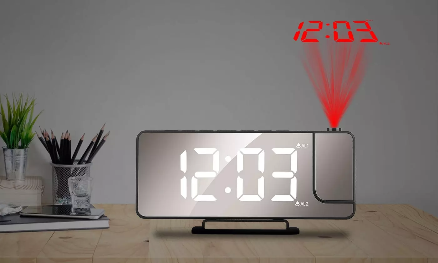 iMounTEK Digital LED Projection Alarm Clock w/ 7.7" Mirror & USB Charging Port - Primary Image