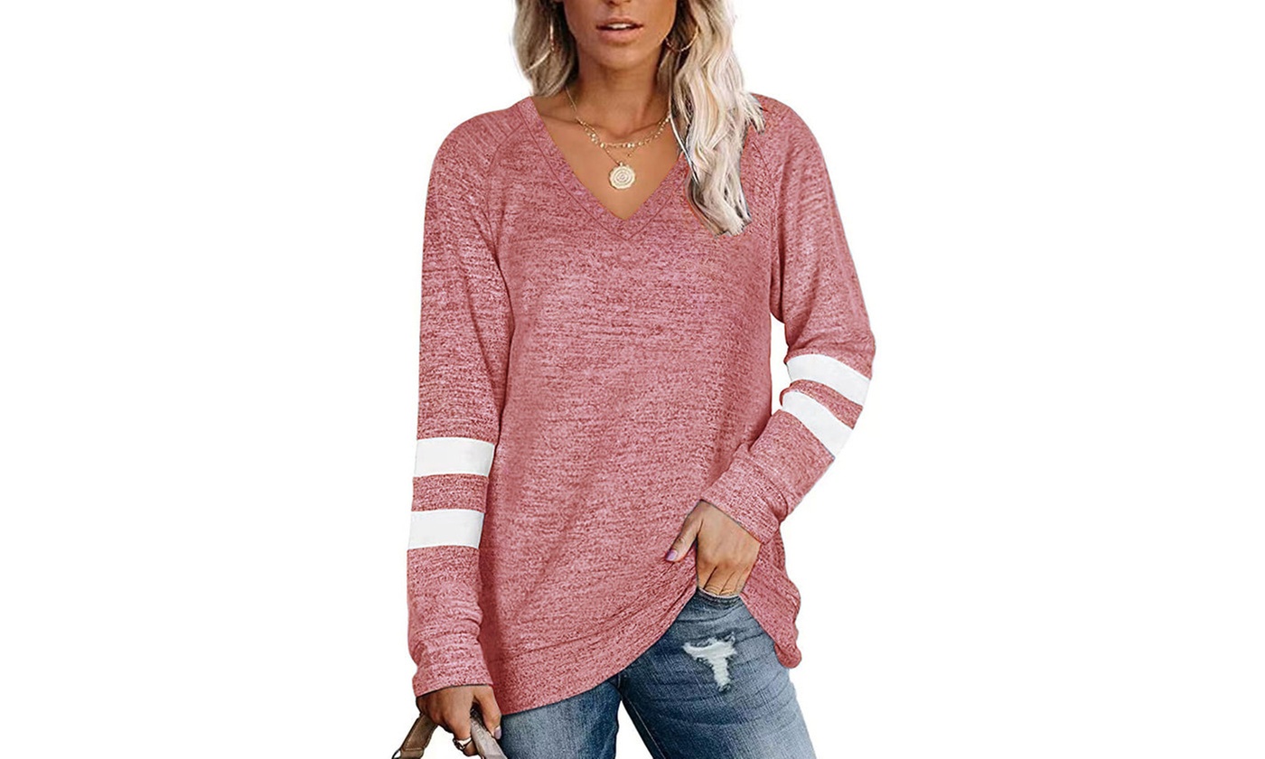 LESIES Women's V-Neck Tunic Style Short or Long Sleeve T-Shirts (S-2XL)