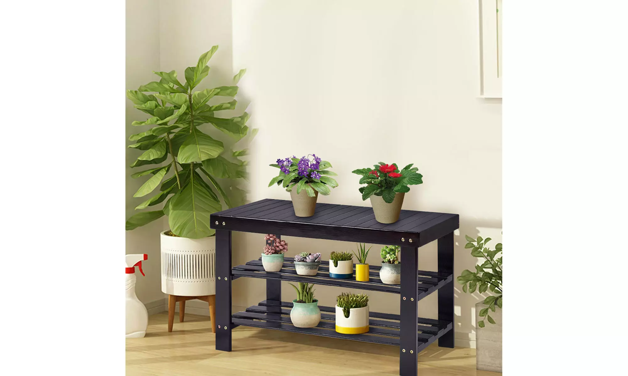 3 Tier Bamboo Shoe Rack Bench Storage Shelf Organizer Entryway Black