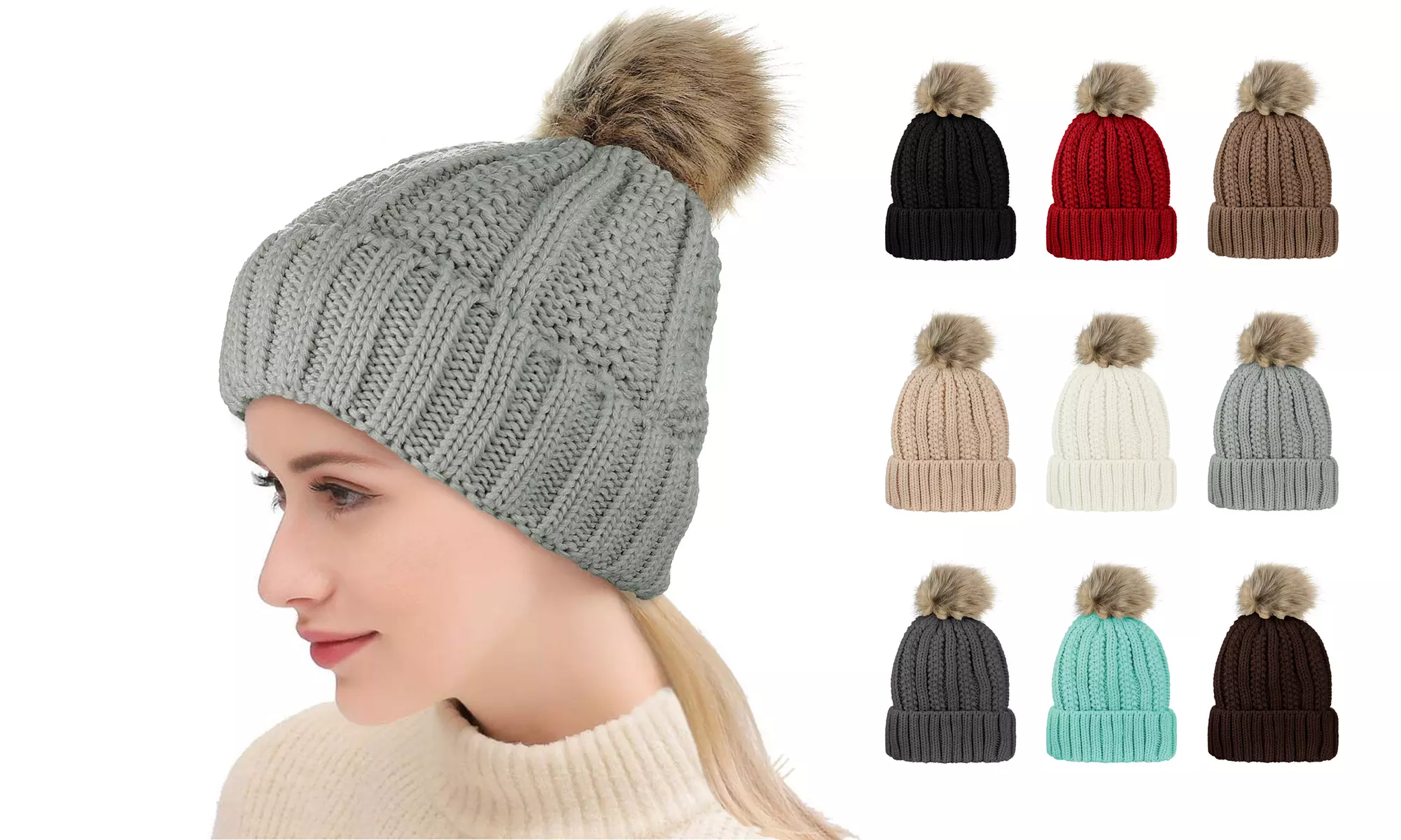 Cable Knit Faux Fur Pom Pom Beanie  - Primary Image