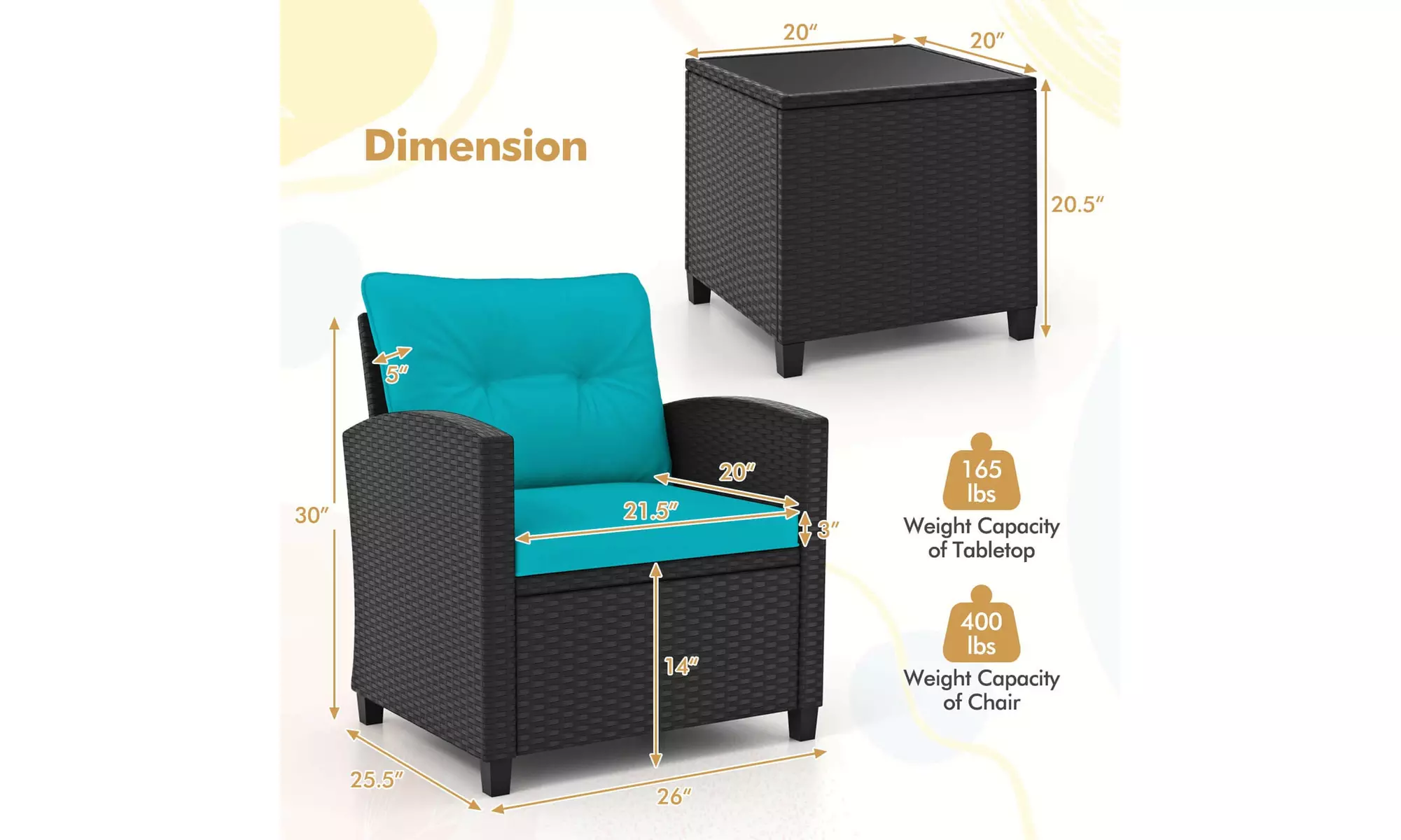  Three-Piece Costway Patio Furniture Set with Tempered Glass Coffee Table