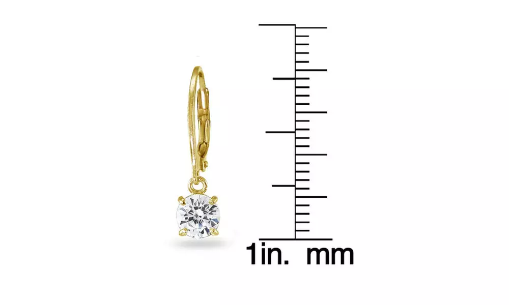 Gold Flashed Silver Cubic Zirconia 6mm Round Dangle Leverback Earrings