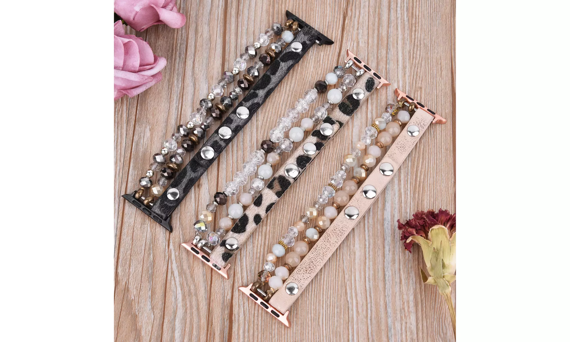 Leopard Calf Leather and Crystal Apple Watch Band All Series