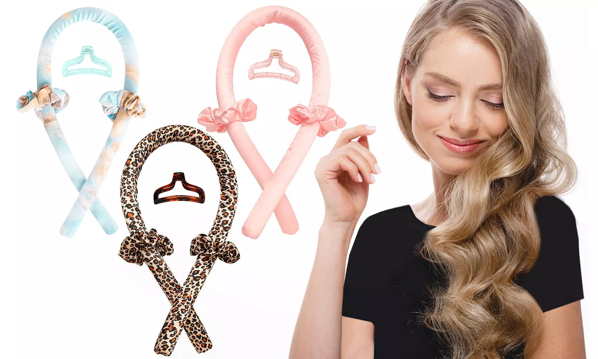 Heatless Curling Rod Headband No Heat Silky Ribbon Rod Roller Curls & Clip