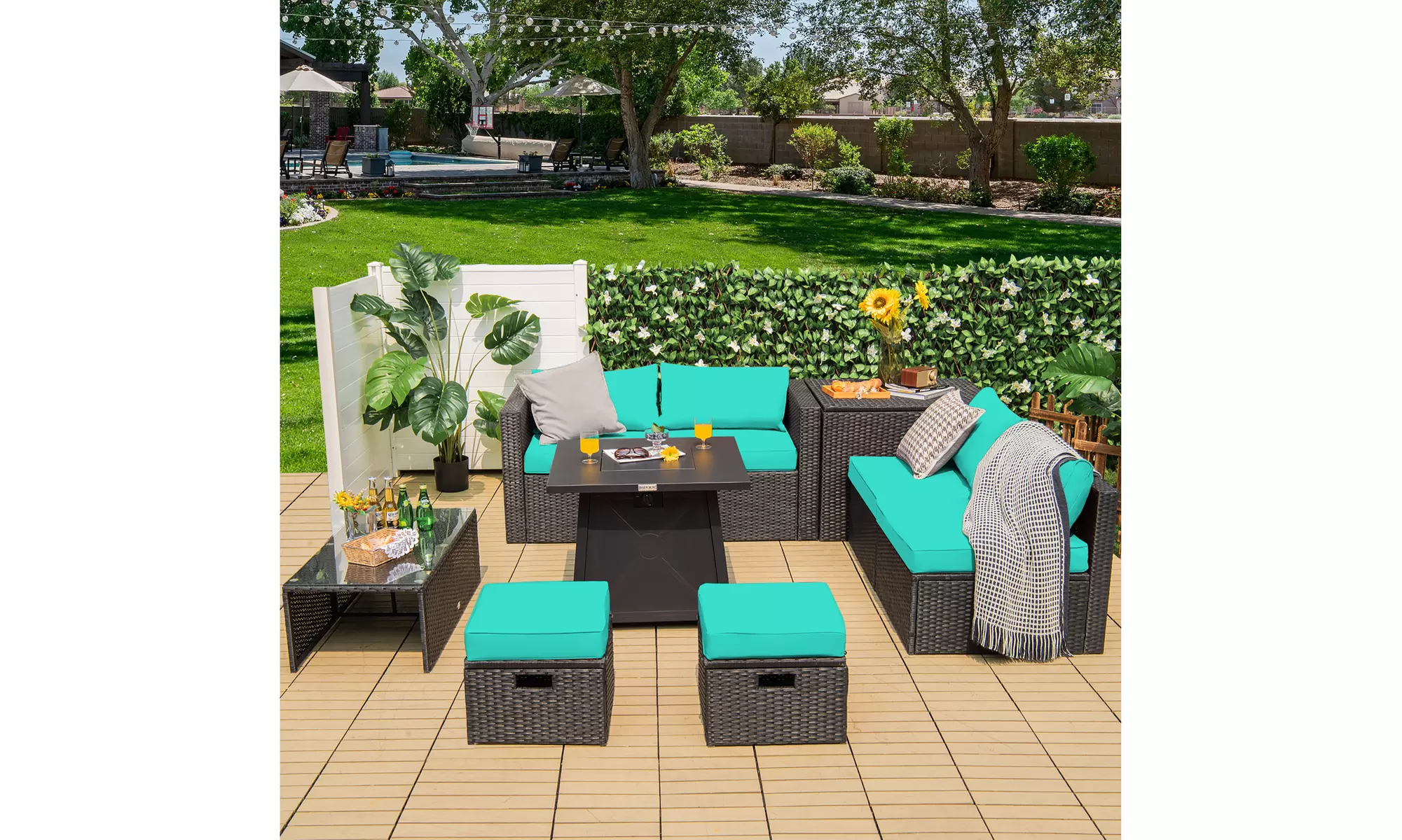 Costway 9PCS Patio Rattan Furniture Set Fire Pit Space-saving W/Cover  Cushion