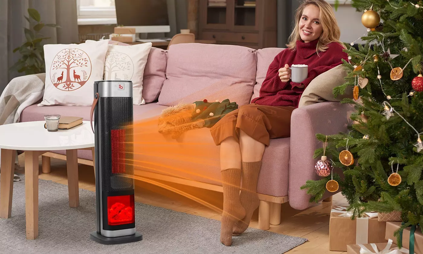 iMounTEK 1500W Oscillating Ceramic Tower Space Heater with 3D Flame & 3 Modes