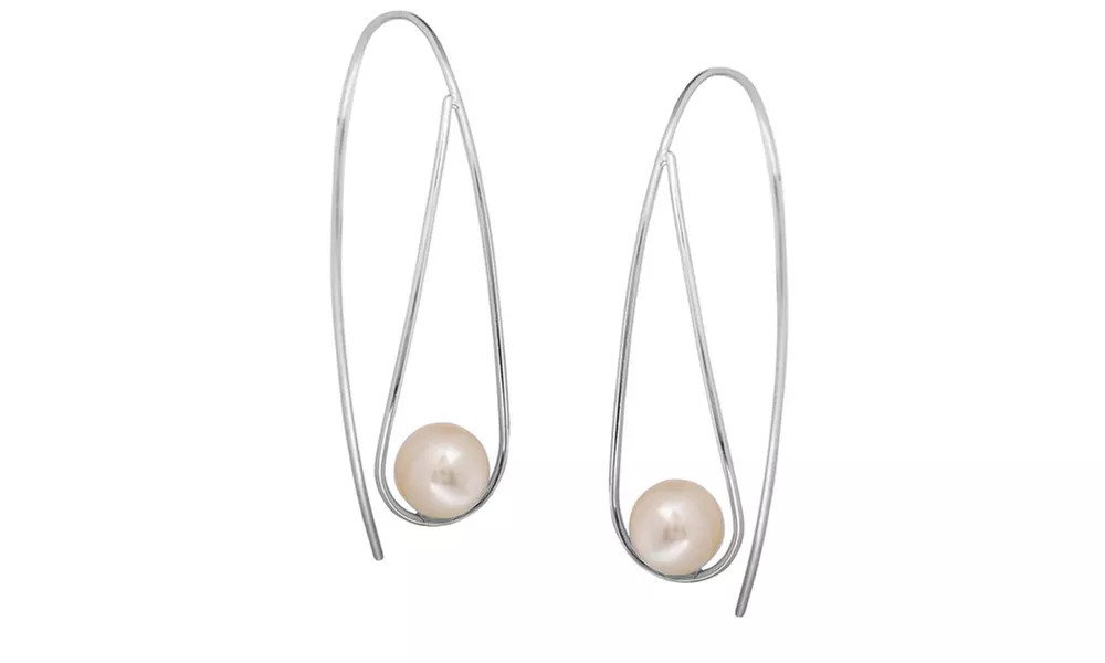 Genuine Floating Pearl Threader Hoop Earrings in Sterling Silver  - Primary Image
