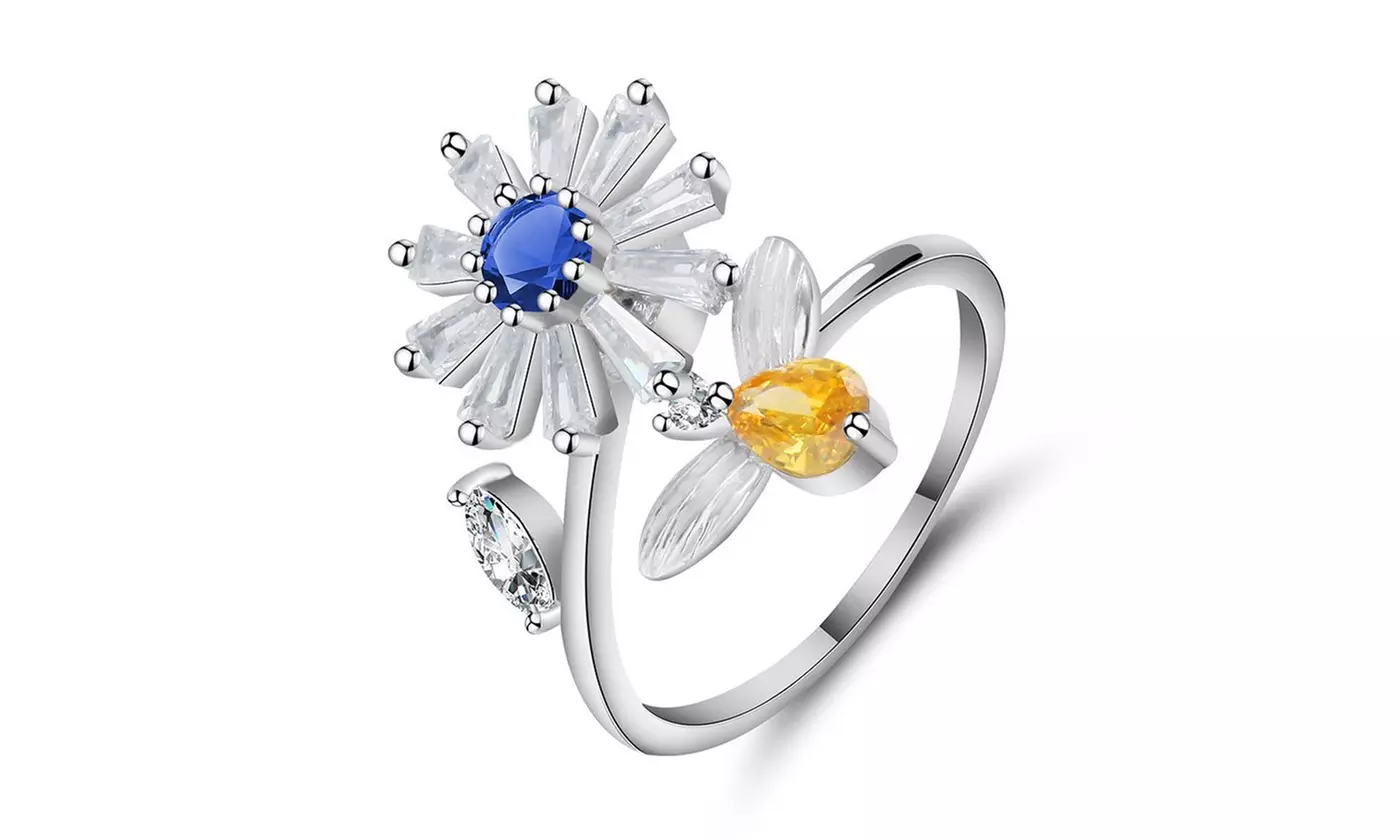 Spinner Fidget Rings Zirconia Daisy Adjustable Open Ring