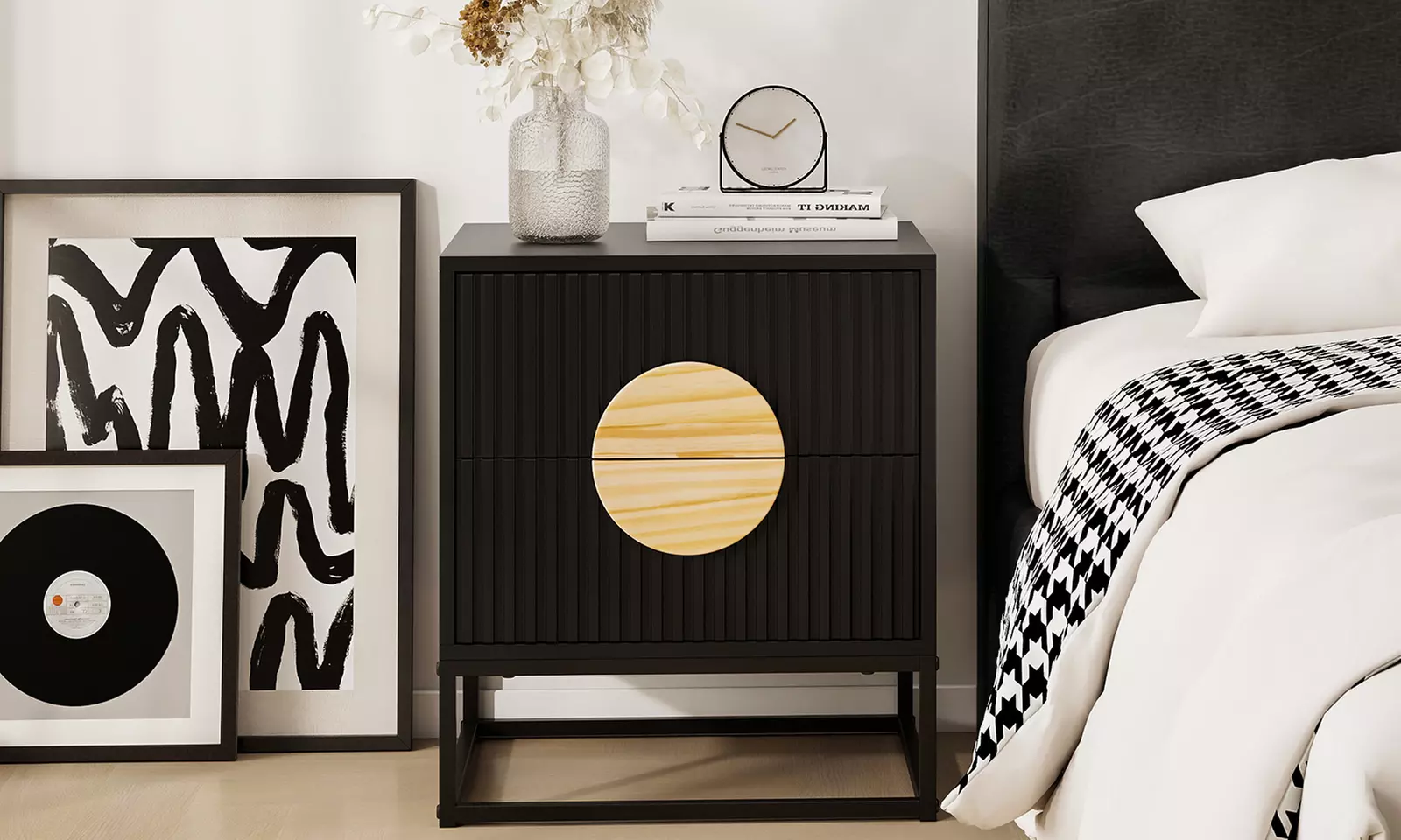 Costway Fluted Nightstand with 2 Drawers with Pine Wood Handles & Metal Frame