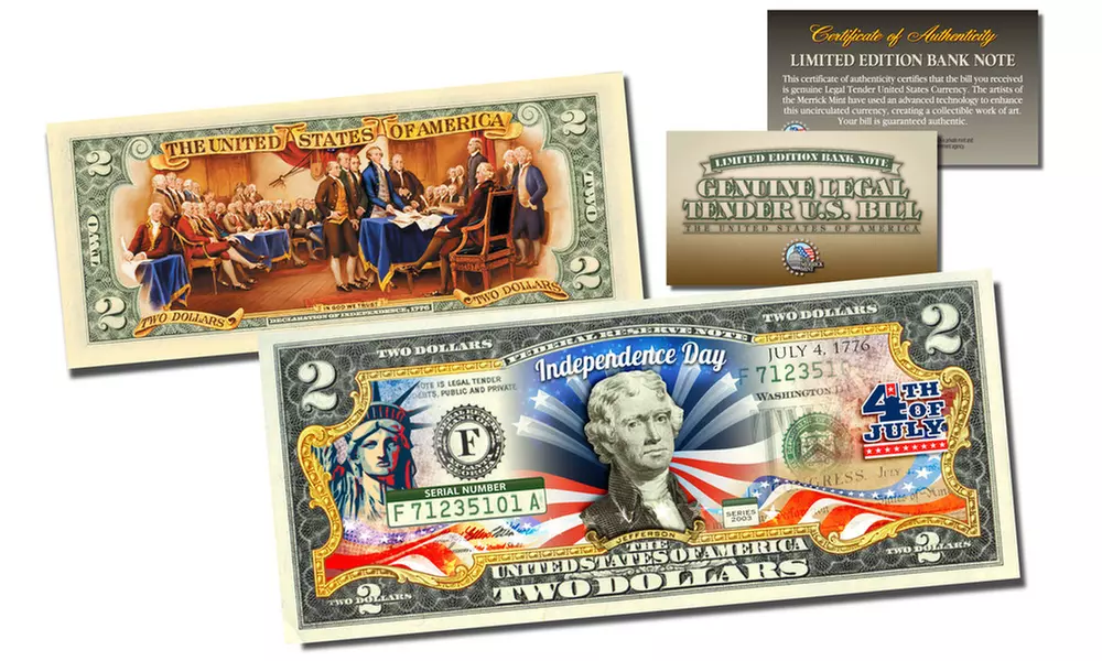 July 4th Independence Day 2-SIDED Official Legal Tender Two-Dollar U.S. Bill - Primary Image