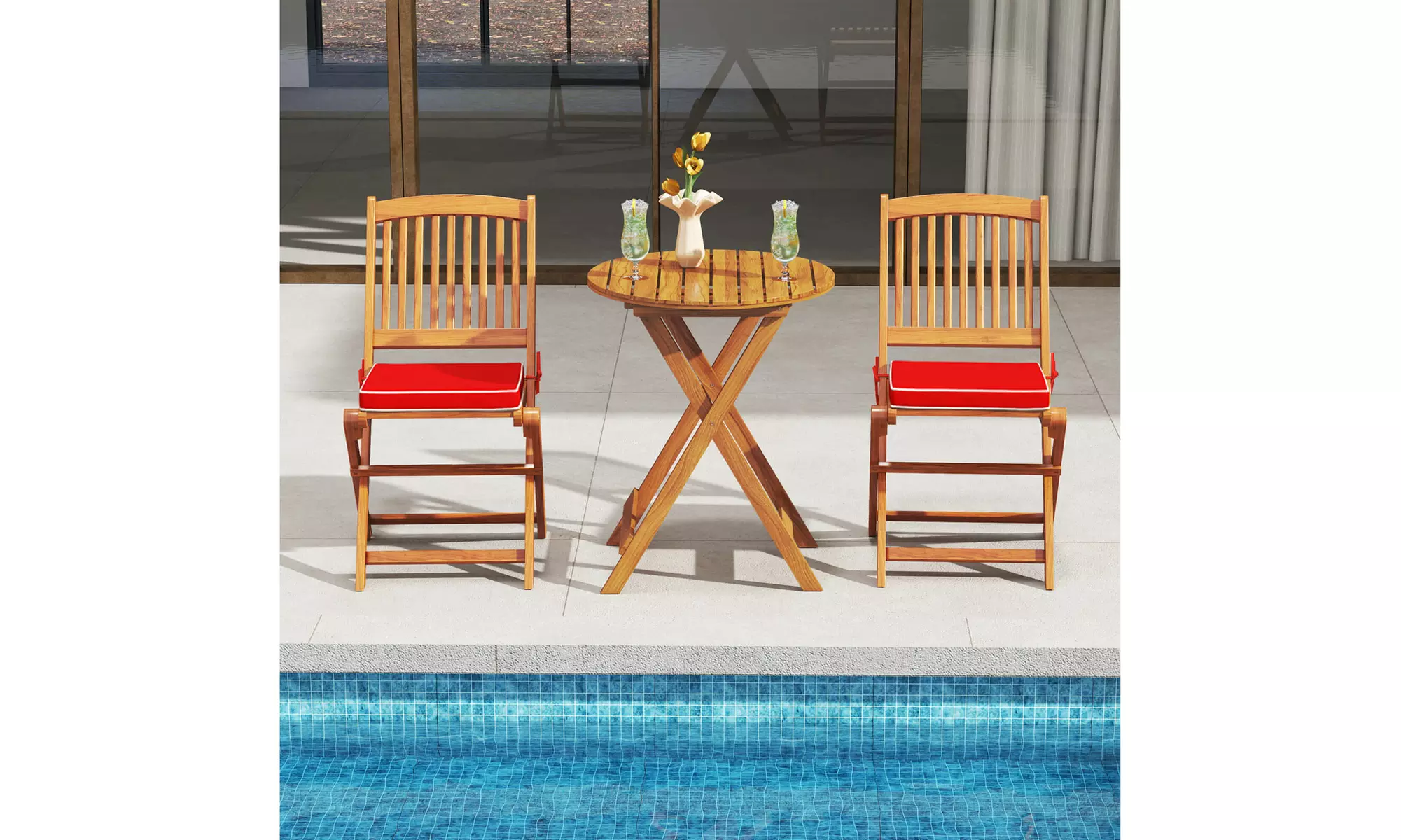 Costway Outdoor Folding Chairs Acacia Wood High-Back Chair with Seat Cushions
