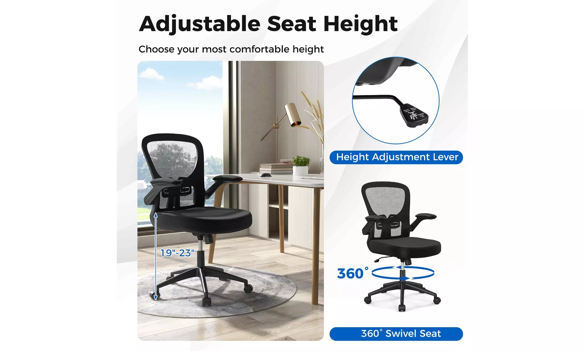 Costway Mesh Office Chair Adjustable Height&Lumbar Support Flip up Armrest Black