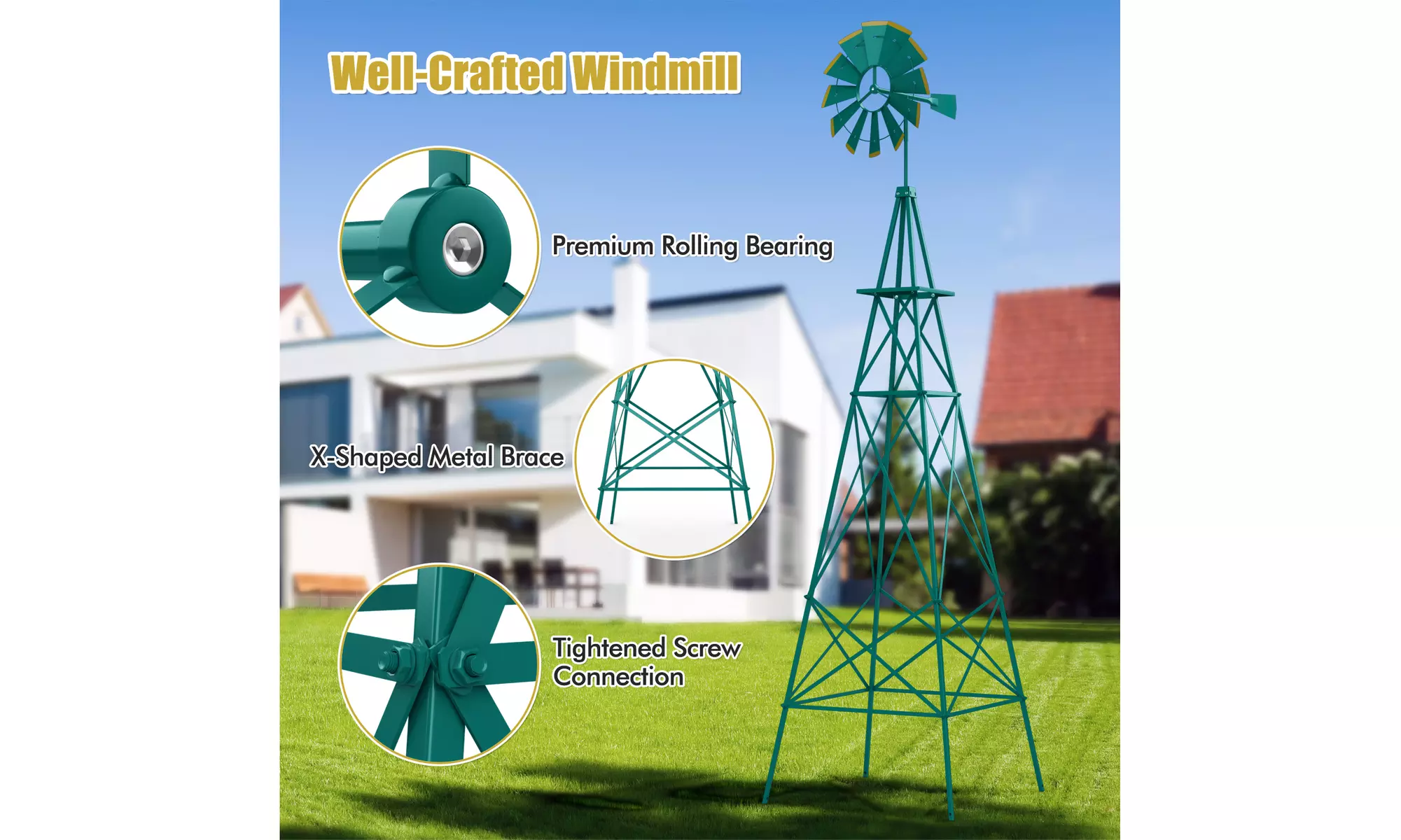 Costway 8Ft Tall Windmill Ornamental Wind Wheel Silver Garden Weather Vane