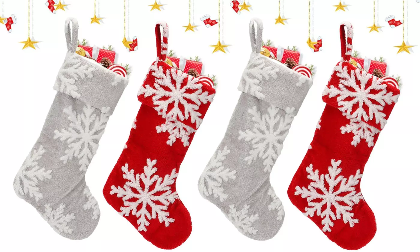 19.7 X 11 Inches Christmas Stocking Snowflakes Pattern Gray Red - Primary Image