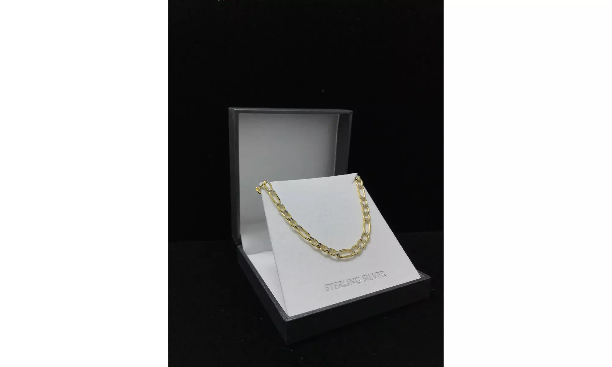 Italian 2 Tone Pave Sterling silver 5MM Figaro chain necklace