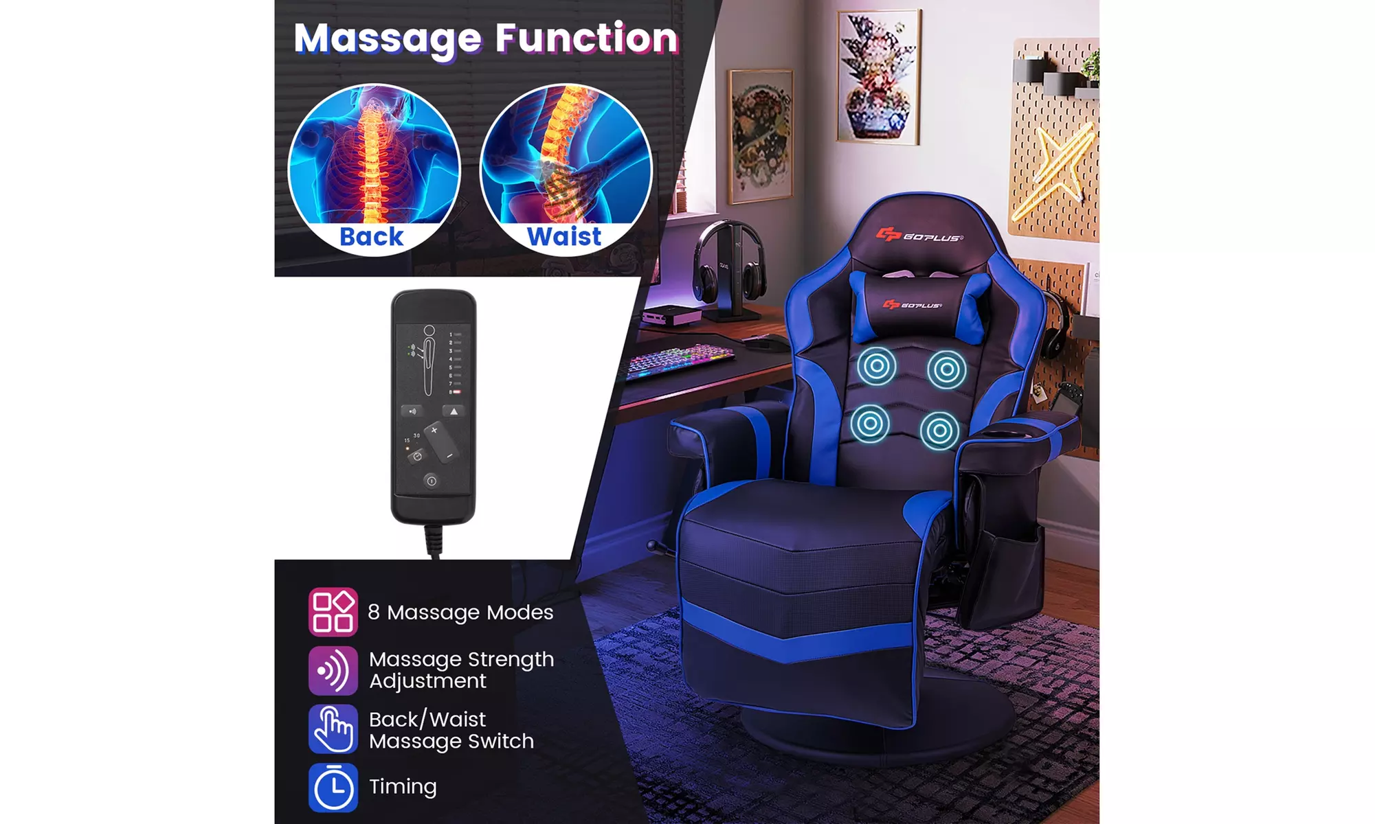 Costway Massage Gaming Chair - Adjustable Racing Swivel Chair with Cup Holder