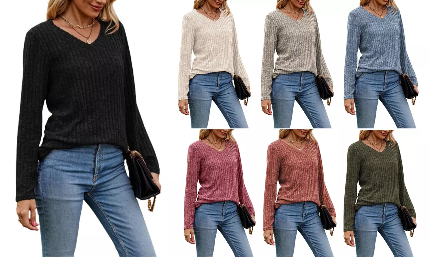 Bohuma Women's Casual Sweaters Solid Long Sleeve Sweater Crew Neck