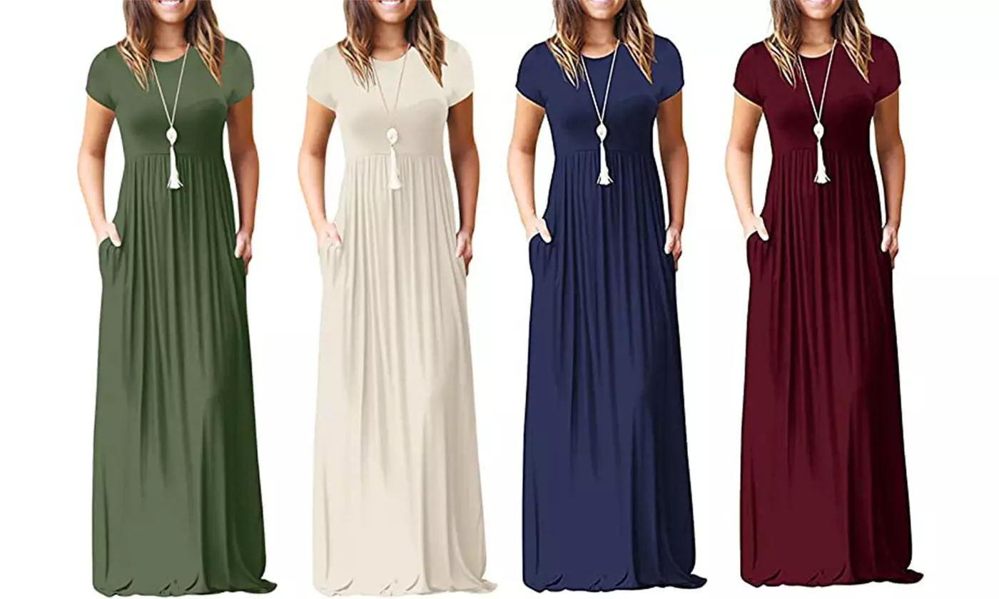 Women Short Sleeve Loose Plain Maxi Dresses Casual Long Dresses with Pockets - Primary Image